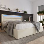 Hydraulic Storage Bed with LED Strip, 160x200cm Double Upholstered, White