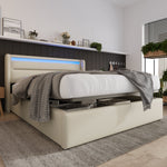 Hydraulic Storage Bed with LED Strip, 160x200cm Double Upholstered, White