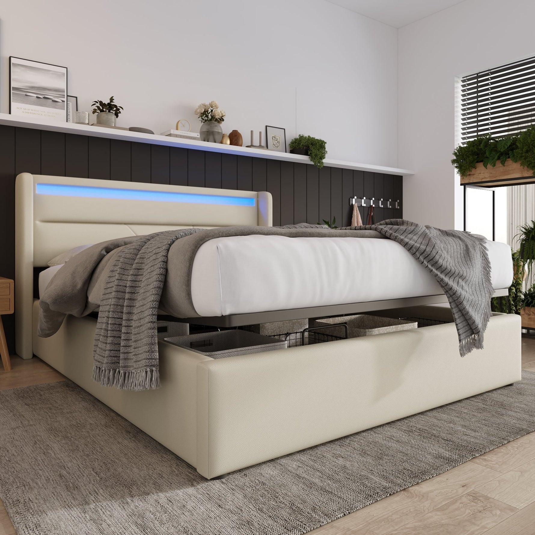 Hydraulic Storage Bed with LED Strip, 160x200cm Double Upholstered, White