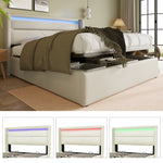 Hydraulic Storage Bed with LED Lighting and Remote Control, 160x200cm, White Upholstered