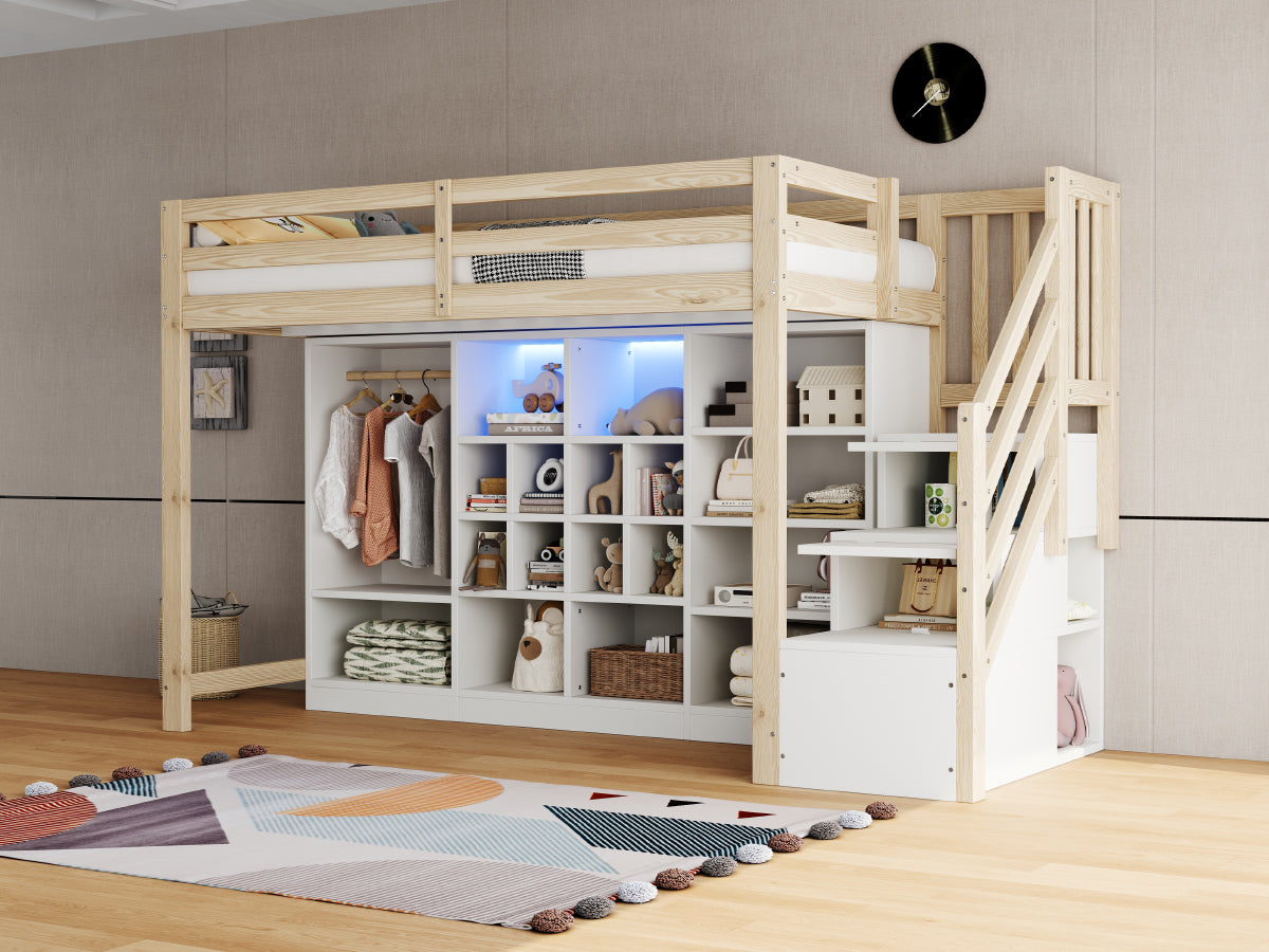 Loft Bed with Wardrobe, Storage Cabinets, LED and Side Ladder, 90x200cm, Wood Color