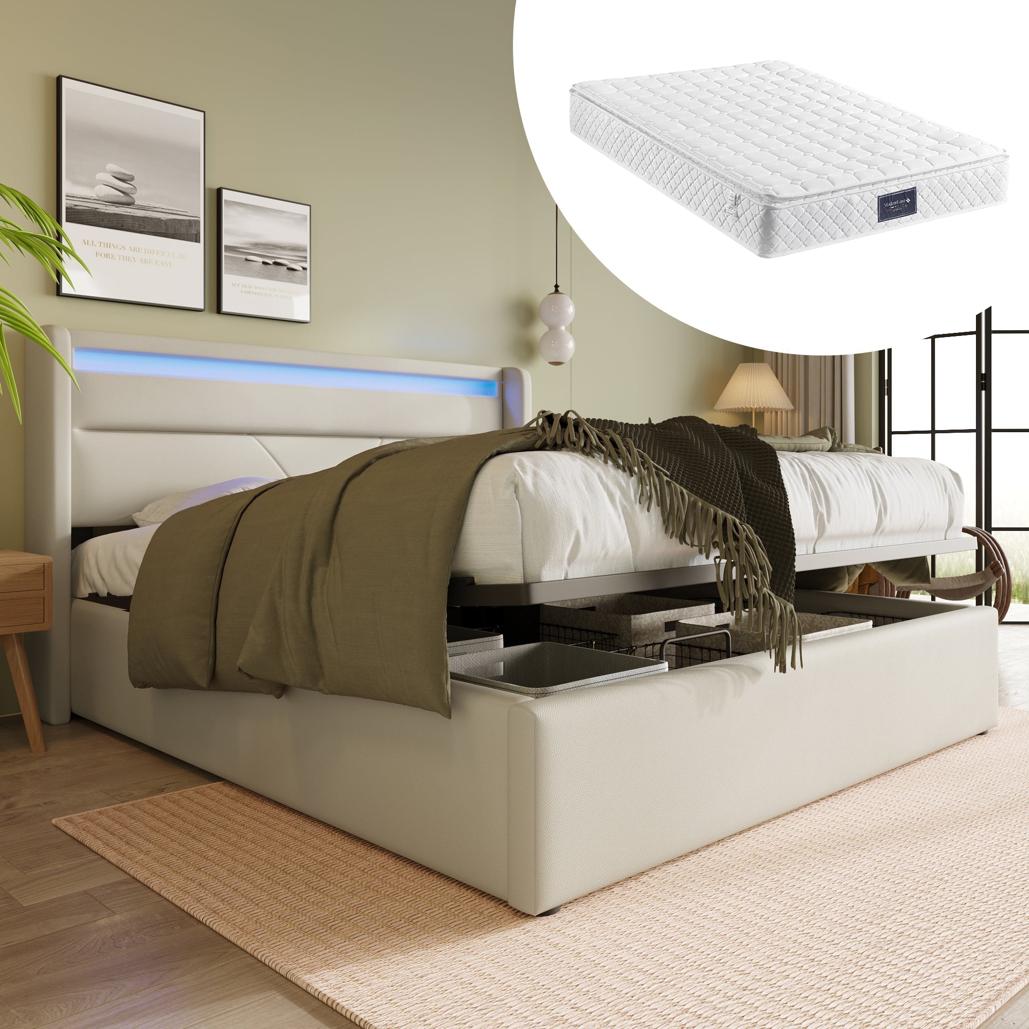 Hydraulic Storage Bed with LED Strip, 160x200cm Double Upholstered, White