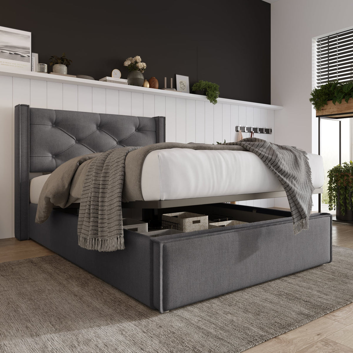 Hydraulic Bed, Single Upholstered 90x200cm, Storage, Gray Cotton