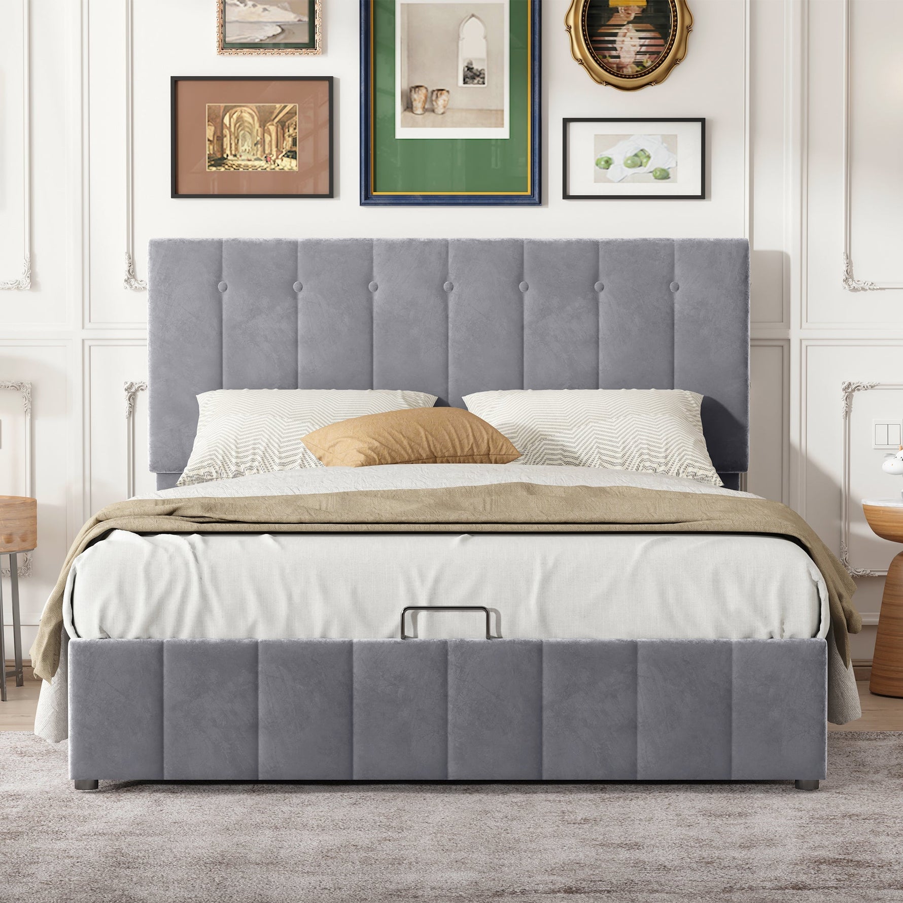 Upholstered Bed, 140x200 Double with Hydraulic Storage & Adjustable Headboard, Velvet Gray