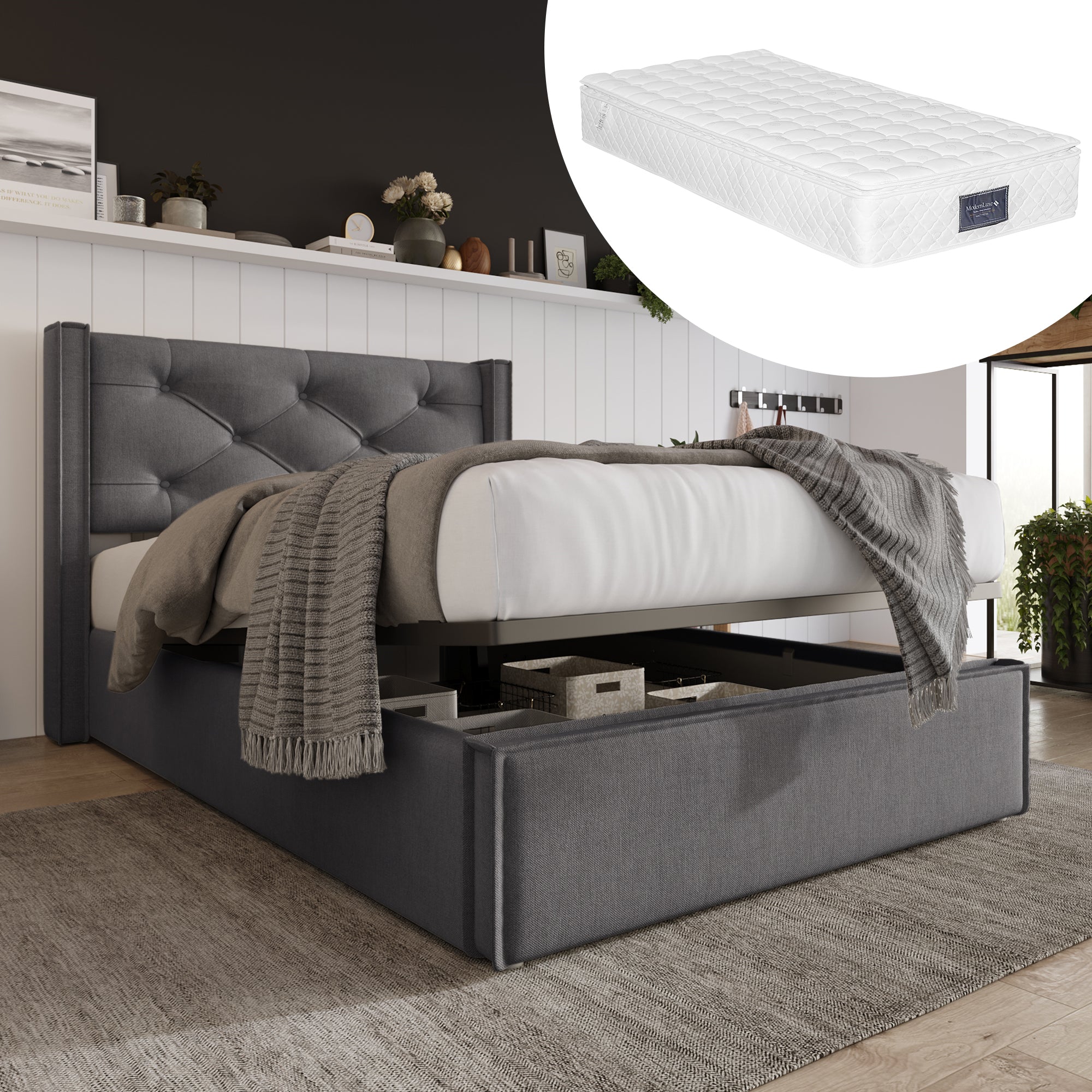 Hydraulic Bed, Single Upholstered 90x200cm, Storage, Gray Cotton