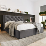 Hydraulic Upholstered Double Bed, 160x200cm, Metal Slatted Frame with Storage, Grey Cotton