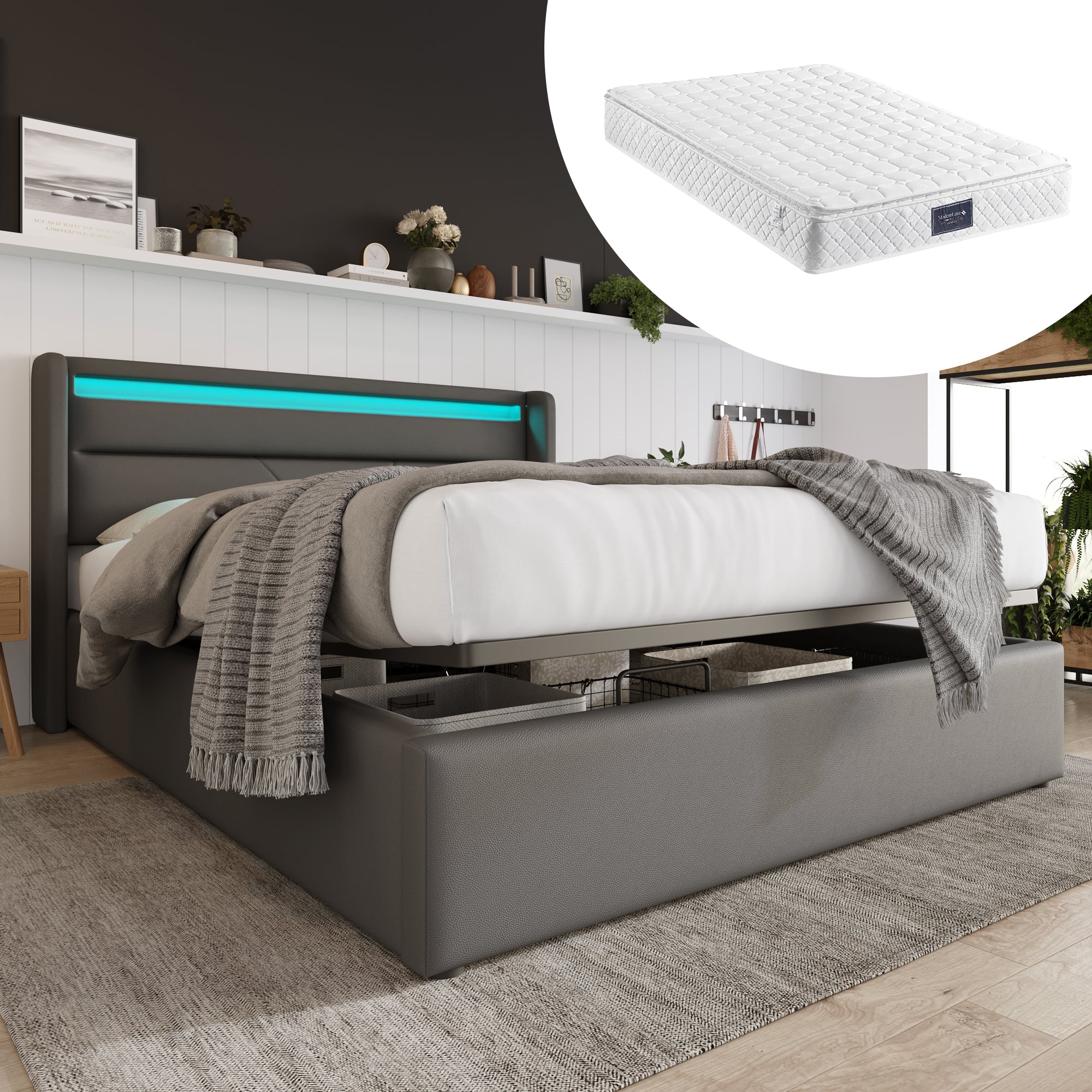 Hydraulic Storage Bed with LED, Double, 160x200cm, Upholstered, Gray