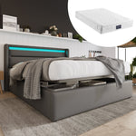 Hydraulic Storage Bed with LED, Double, 160x200cm, Upholstered, Gray