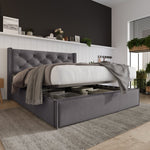 Hydraulic Upholstered Double Bed, 160x200cm, Metal Slatted Frame with Storage, Grey Cotton