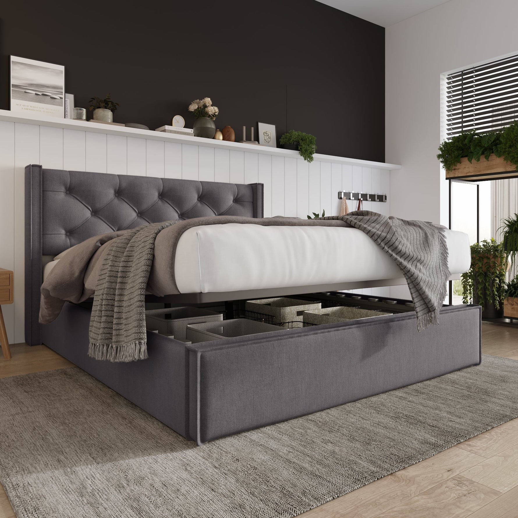 Hydraulic Upholstered Double Bed, 160x200cm, Metal Slatted Frame with Storage, Grey Cotton