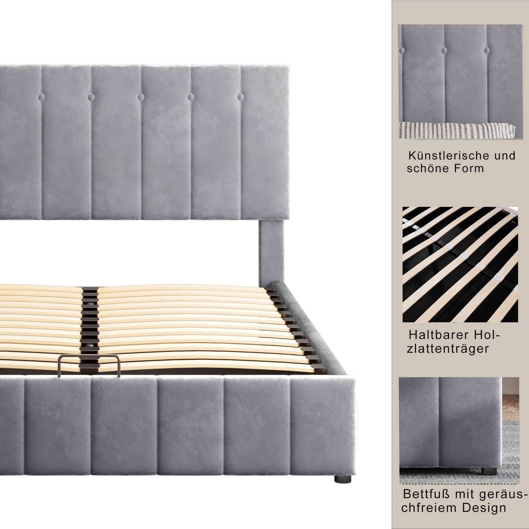 Upholstered Bed, 140x200 Double with Hydraulic Storage & Adjustable Headboard, Velvet Gray