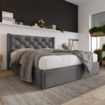 Hydraulic Upholstered Double Bed, 160x200cm, Metal Slatted Frame with Storage, Grey Cotton