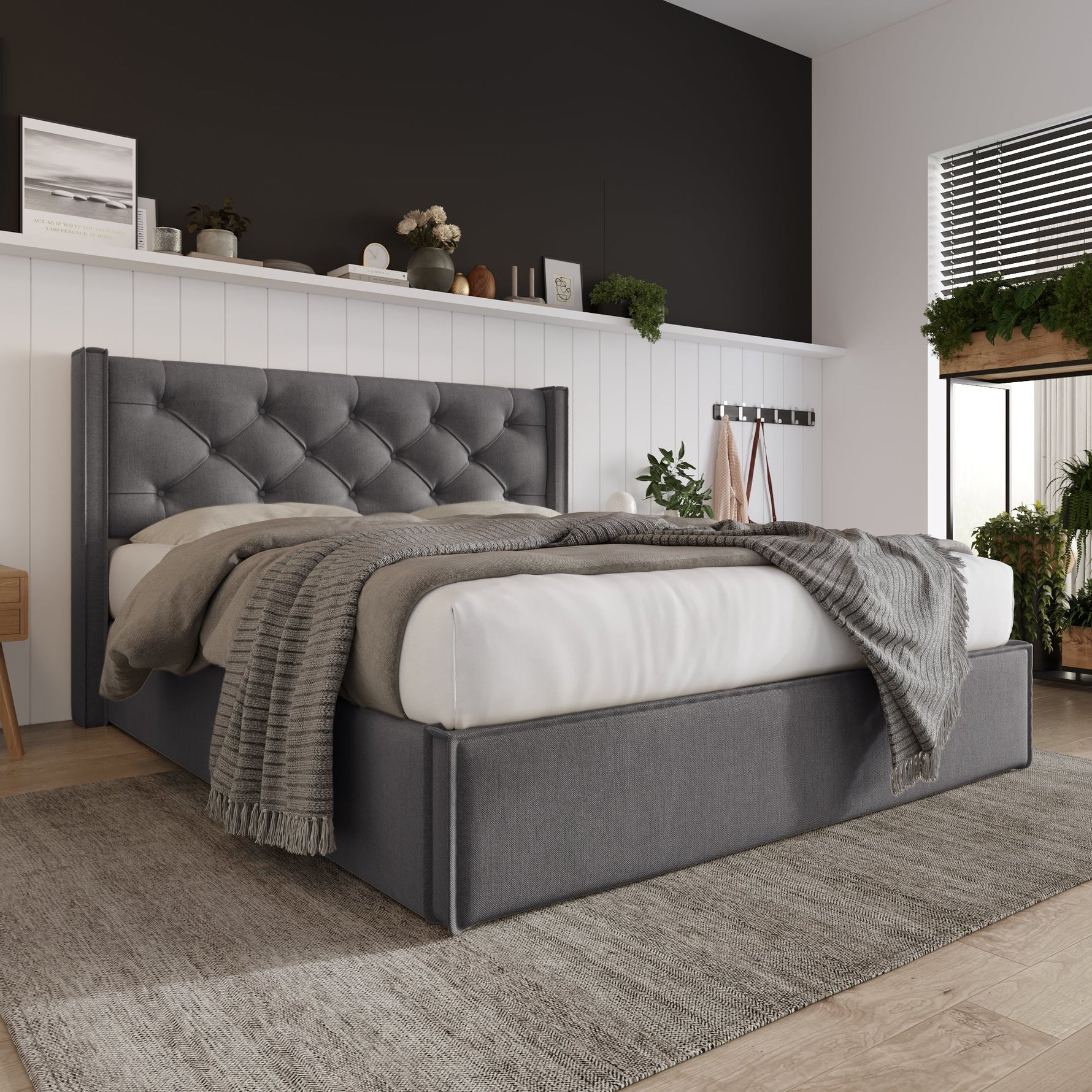 Hydraulic Upholstered Double Bed, 160x200cm, Metal Slatted Frame with Storage, Grey Cotton