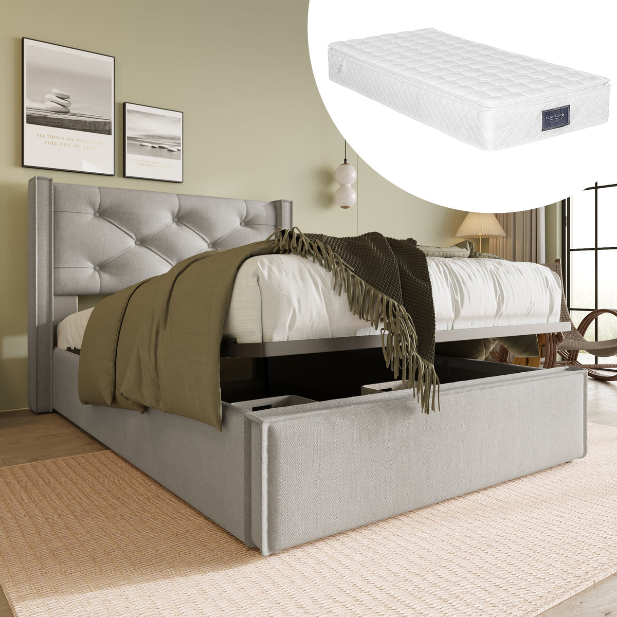 Hydraulic Single Upholstered Bed, 90x200cm, Metal Slatted Frame, Light Gray Cotton