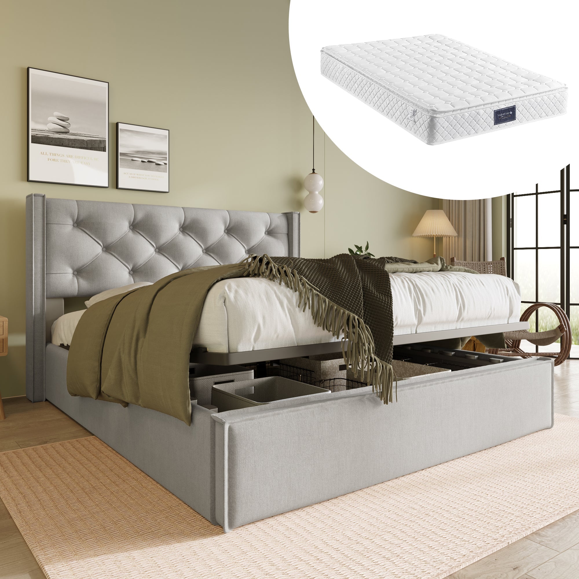 Hydraulic Double Upholstered Bed, 140x200cm, Storage, Light Gray Cotton