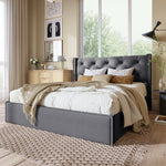 Hydraulic Double Upholstered Bed, 140x200cm Storage, Cotton Grey