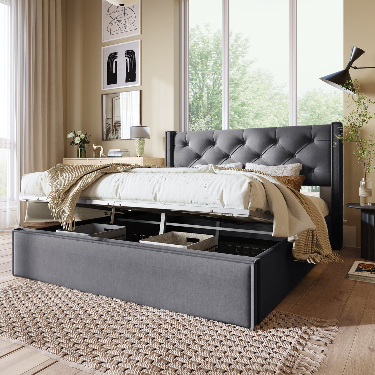 Hydraulic Double Upholstered Bed, 140x200cm Storage, Cotton Grey