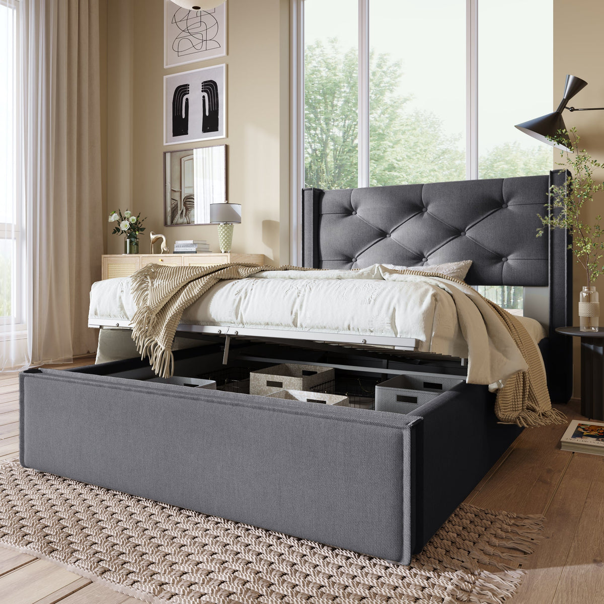 Hydraulic Upholstered Bed, Single 90x200cm with Storage, Grey Cotton