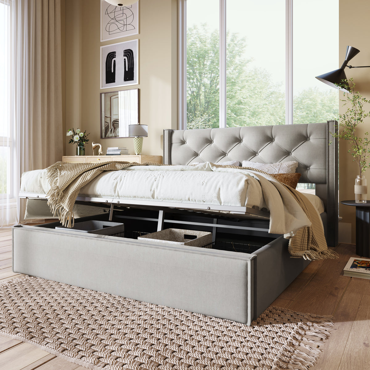 Hydraulic Upholstered Double Bed 160x200cm with Storage, Light Grey