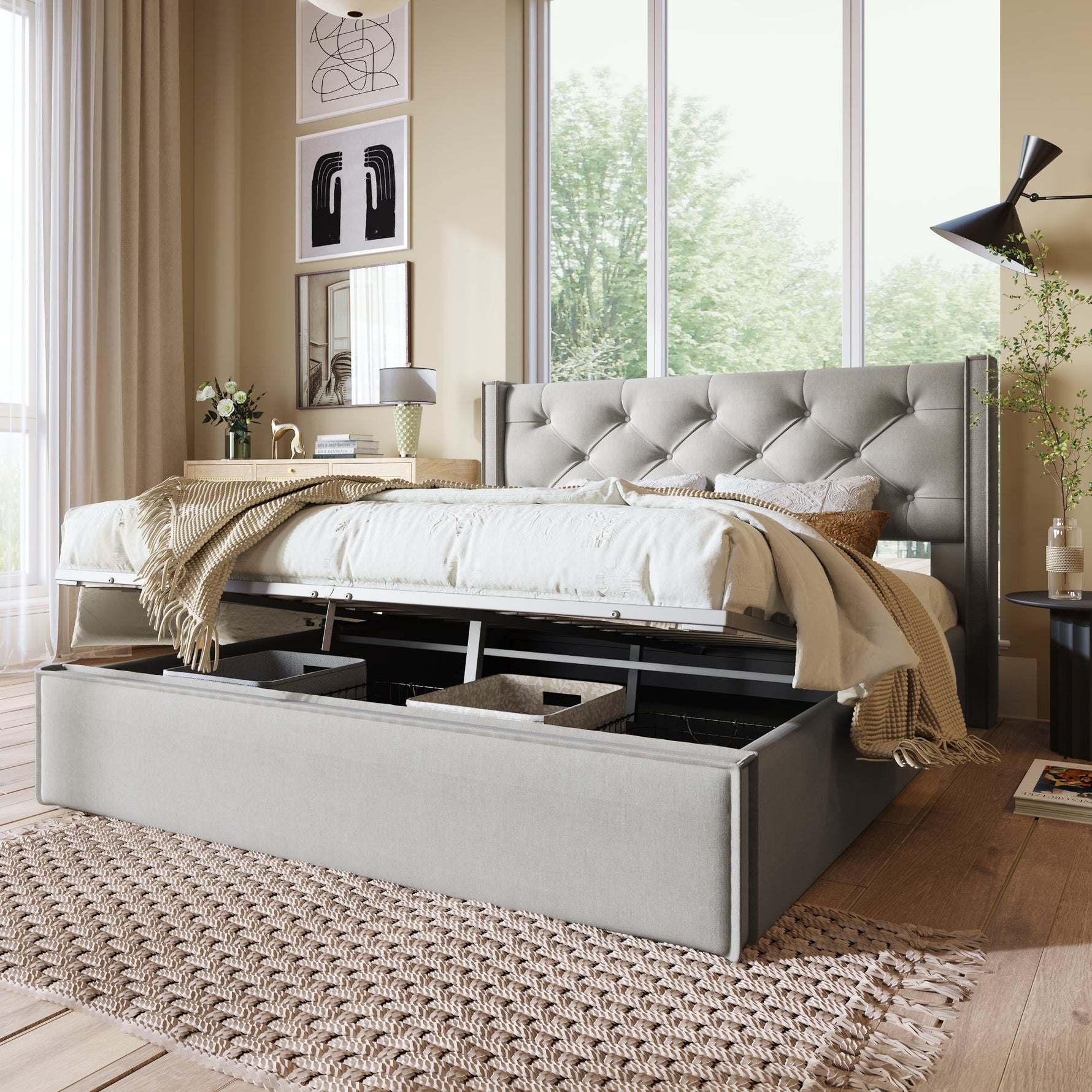 Hydraulic Upholstered Double Bed with Storage and Metal Slatted Base, 160x200cm, Light Grey Cotton