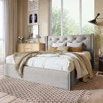 Hydraulic Upholstered Double Bed with Storage and Metal Slatted Base, 160x200cm, Light Grey Cotton