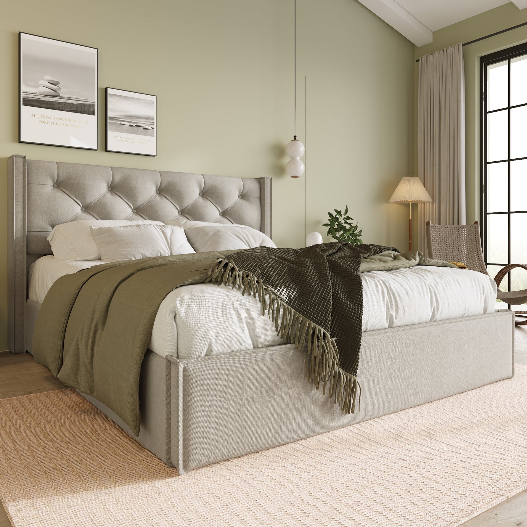 Hydraulic Upholstered Double Bed with Storage and Metal Slatted Base, 160x200cm, Light Grey Cotton