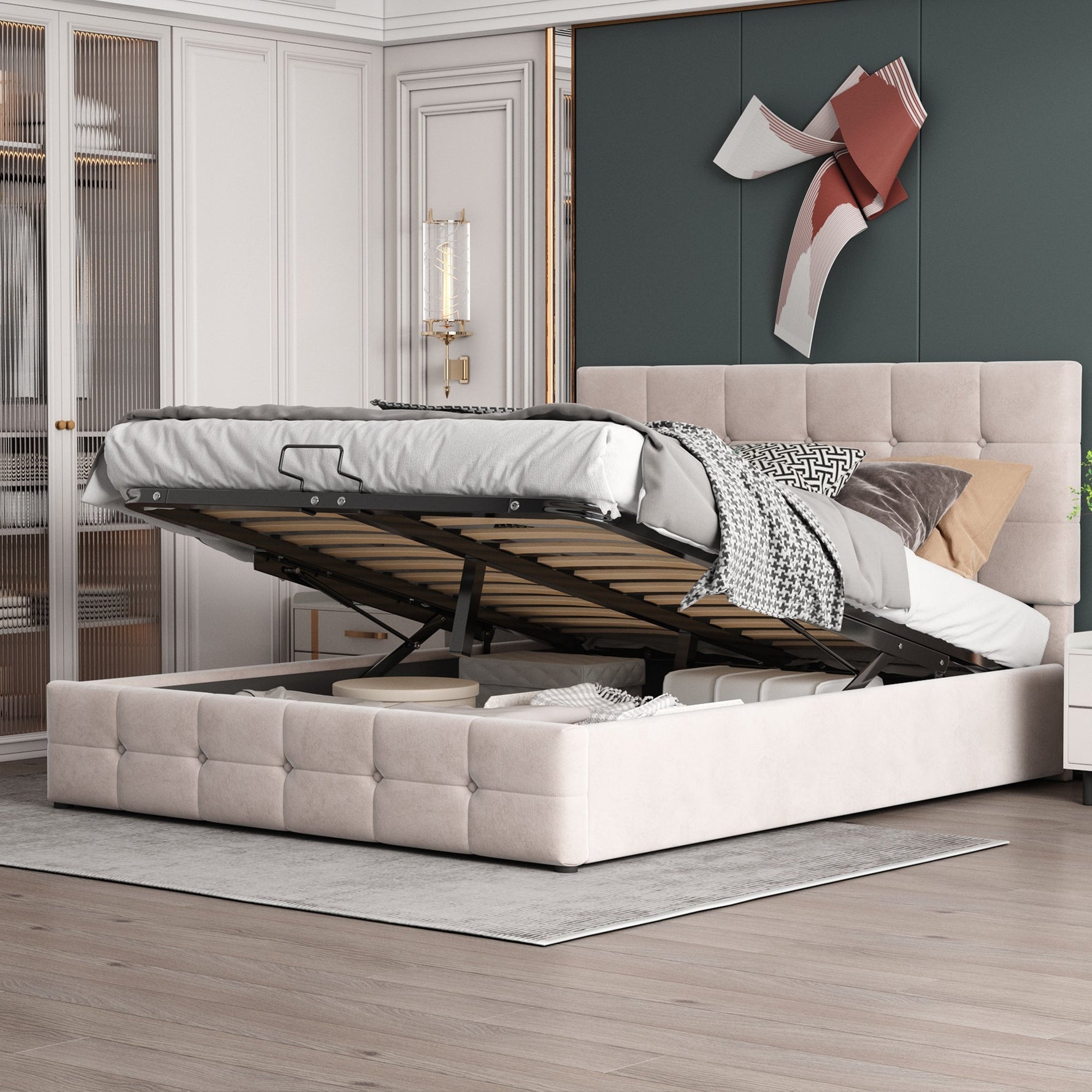 Upholstered Bed 140x200, Hydraulic Storage & Adjustable Headboard, Cream Velvet