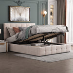 Upholstered Bed 140x200, Hydraulic Storage & Adjustable Headboard, Cream Velvet