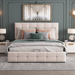 Upholstered Bed 140x200, Hydraulic Storage & Adjustable Headboard, Cream Velvet