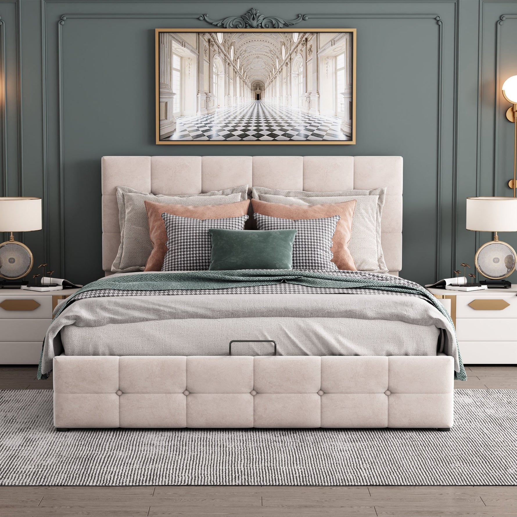 Upholstered Bed 140x200, Hydraulic Storage & Adjustable Headboard, Cream Velvet