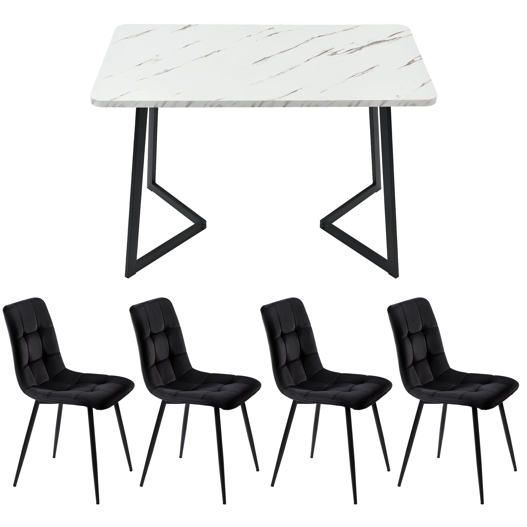 5-Piece Dining Set Rectangular Black Velvet Chairs with Black Legs
