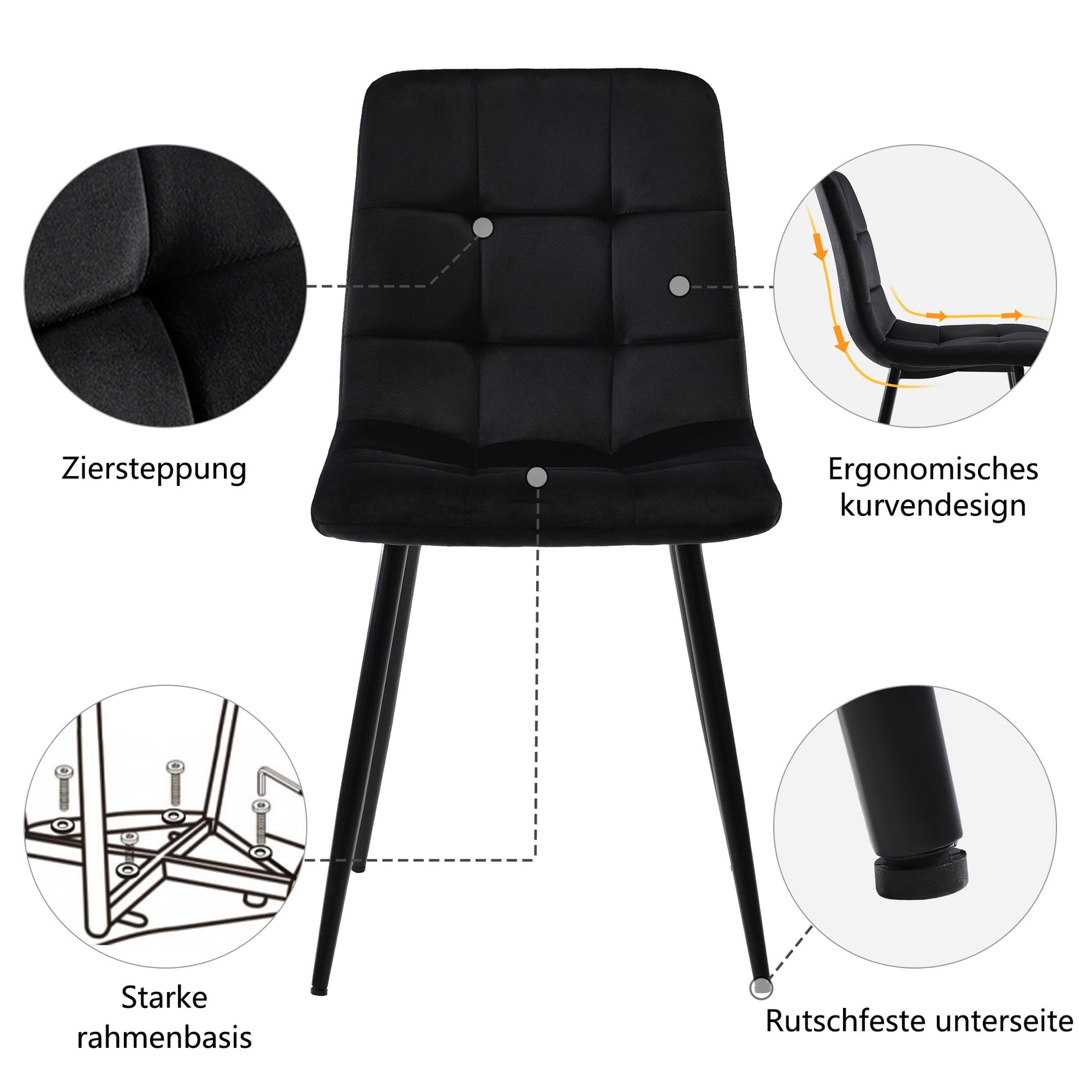 5-Piece Dining Set Rectangular Black Velvet Chairs with Black Legs