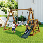 Double Swing for Children with Slide and Climbing Ladder, Solid Wood