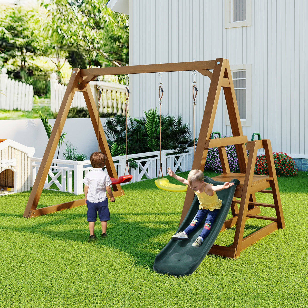 Double Swing for Children with Slide and Climbing Ladder, Solid Wood