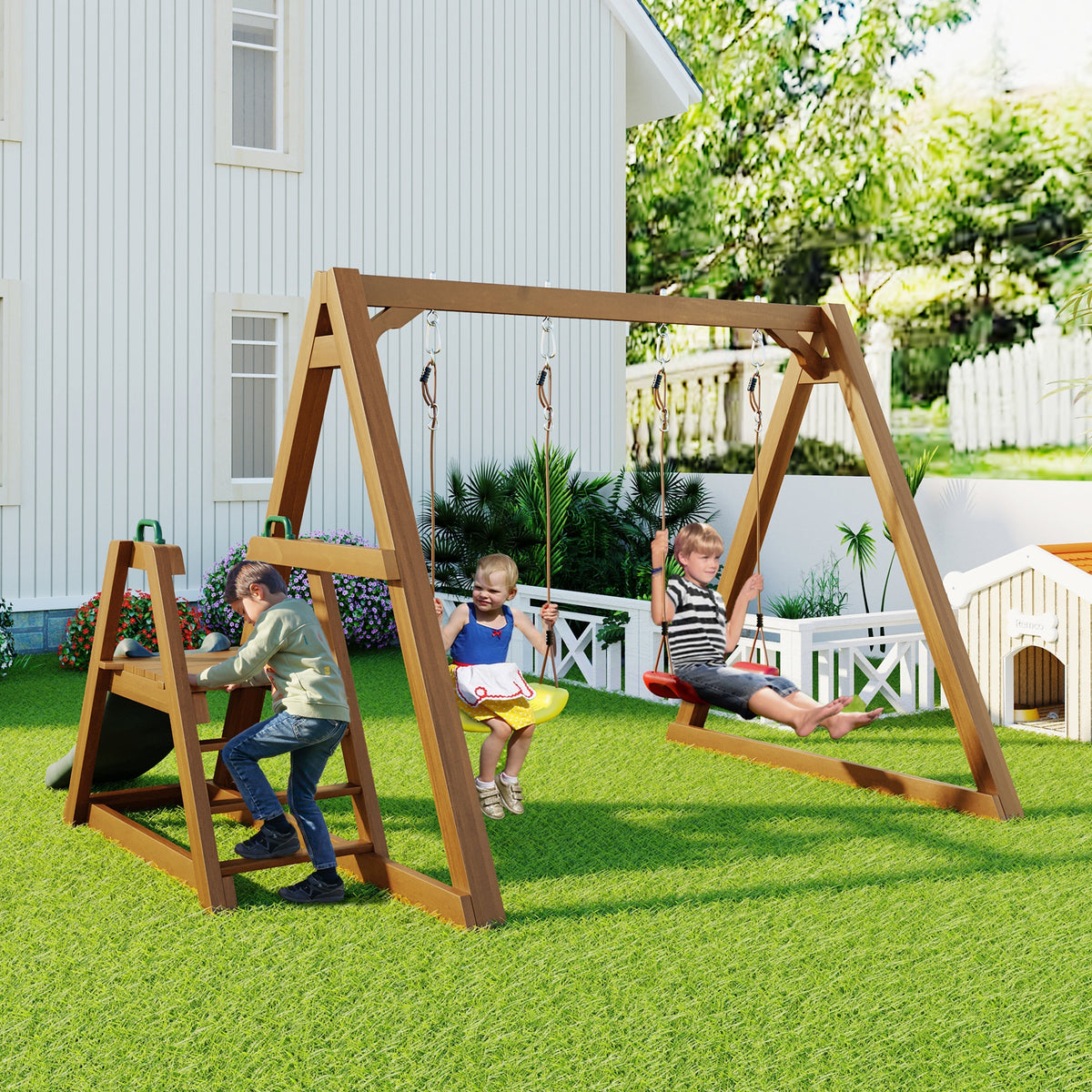Double Swing for Children with Slide and Climbing Ladder, Solid Wood