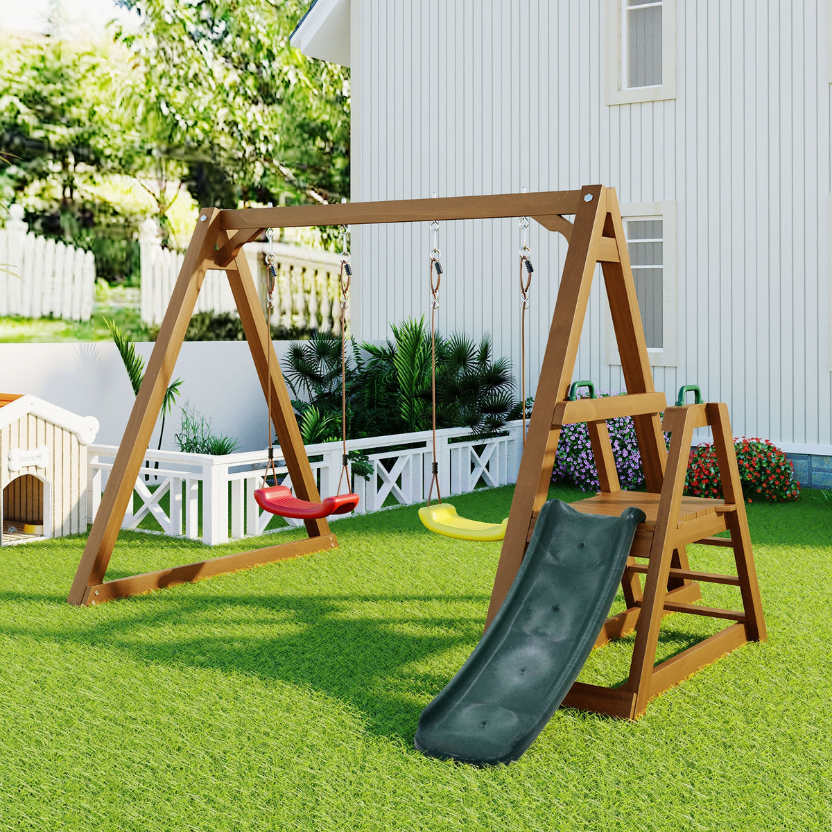 Double Swing for Children with Slide and Climbing Ladder, Solid Wood