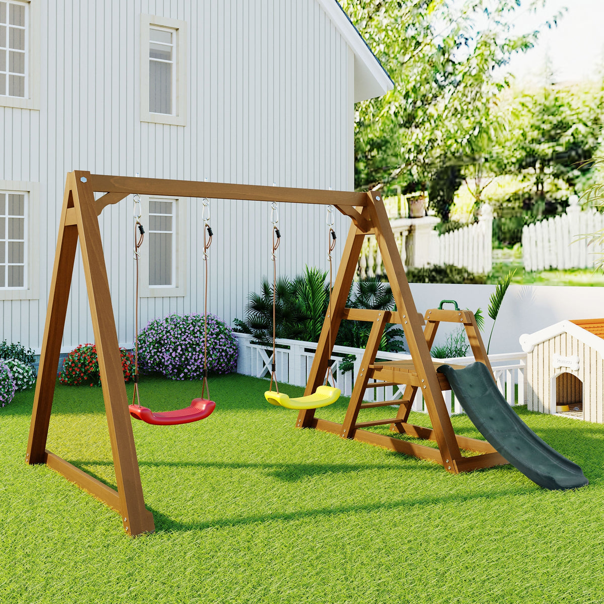 Double Swing for Children with Slide and Climbing Ladder, Solid Wood