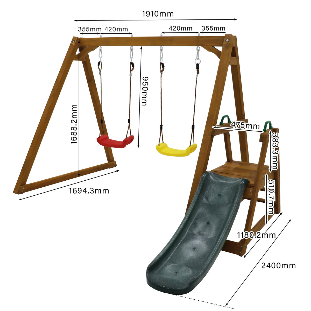 Double Swing for Children with Slide and Climbing Ladder, Solid Wood