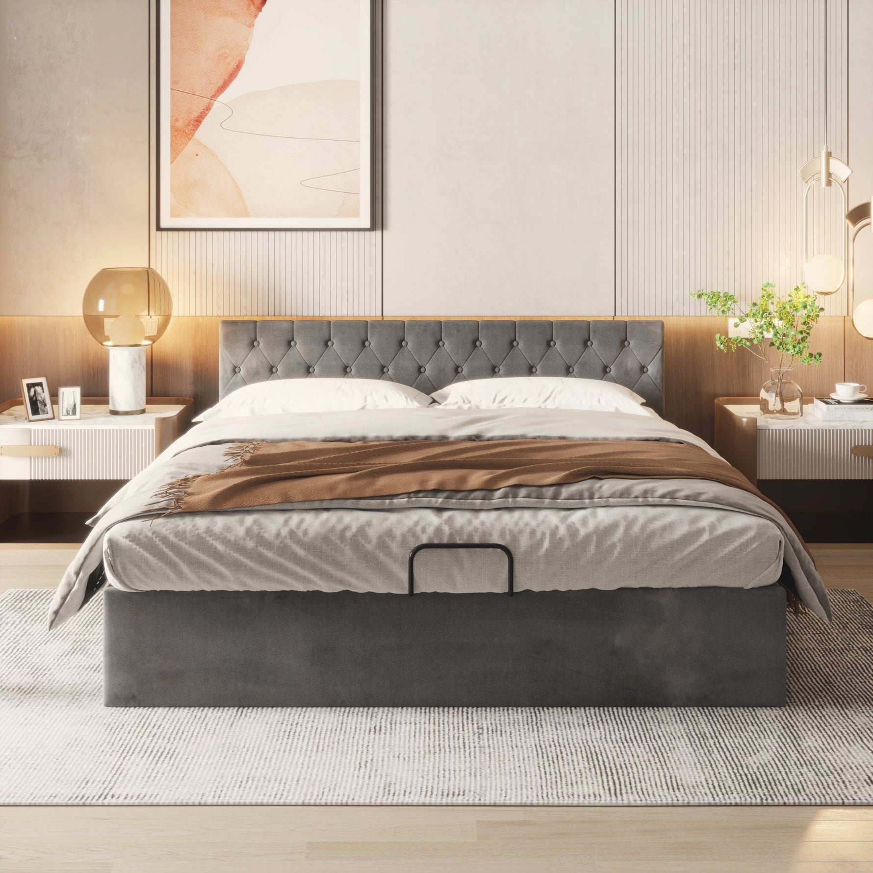 Velvet Upholstered Bed with Hydraulic Storage and Buttoned Headboard, 180x200cm, Grey