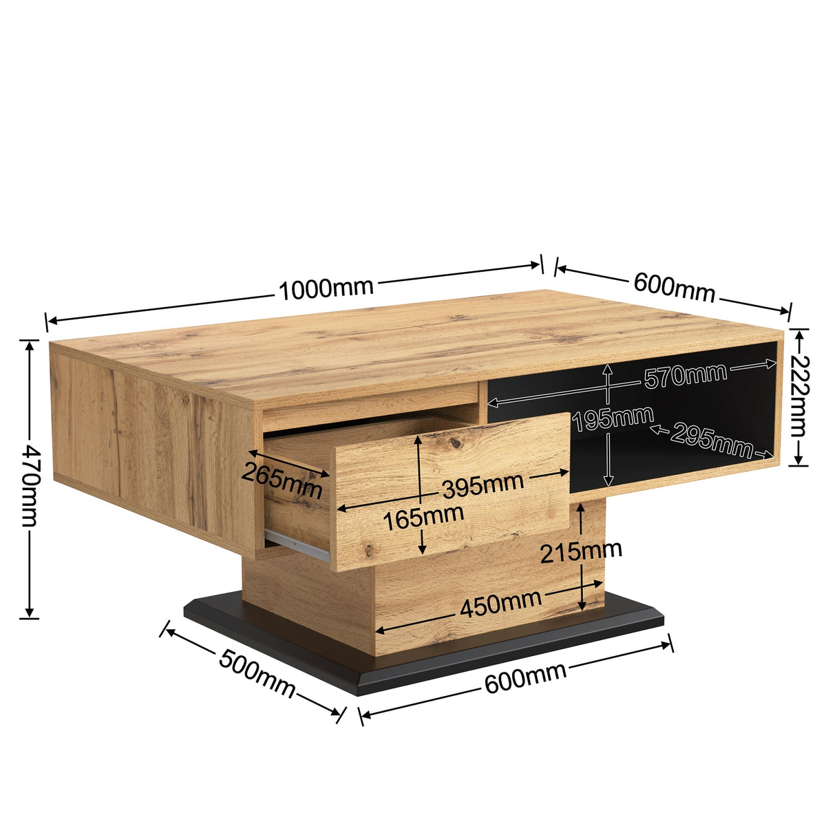 Wood grain coffee table with handleless drawer and double-sided storage