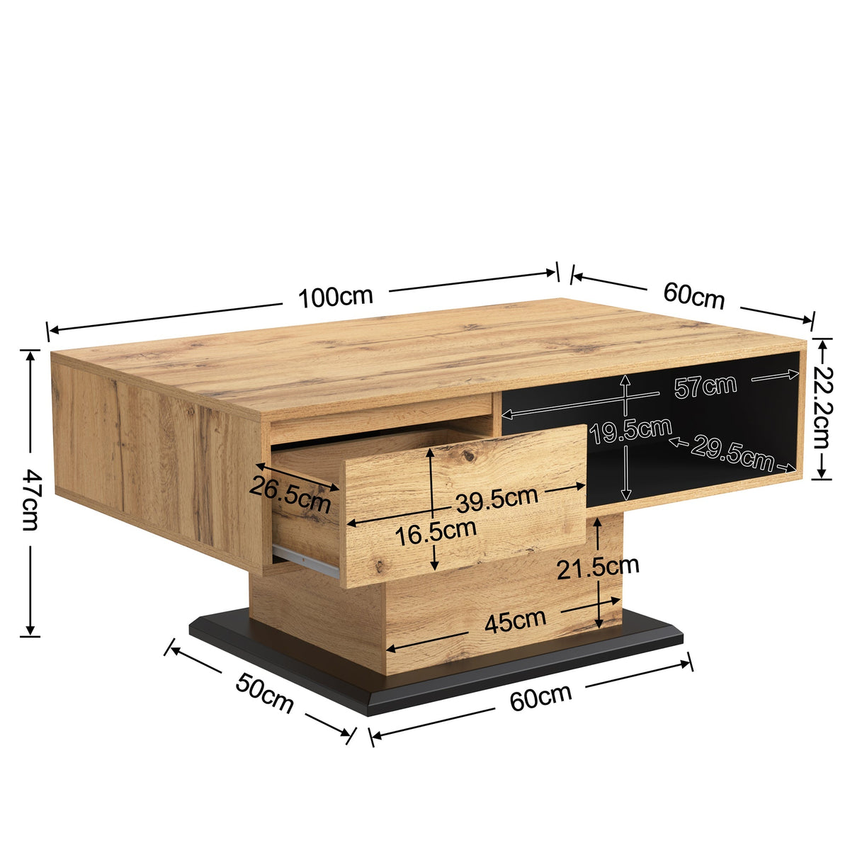 Wood grain coffee table with handleless drawer and double-sided storage