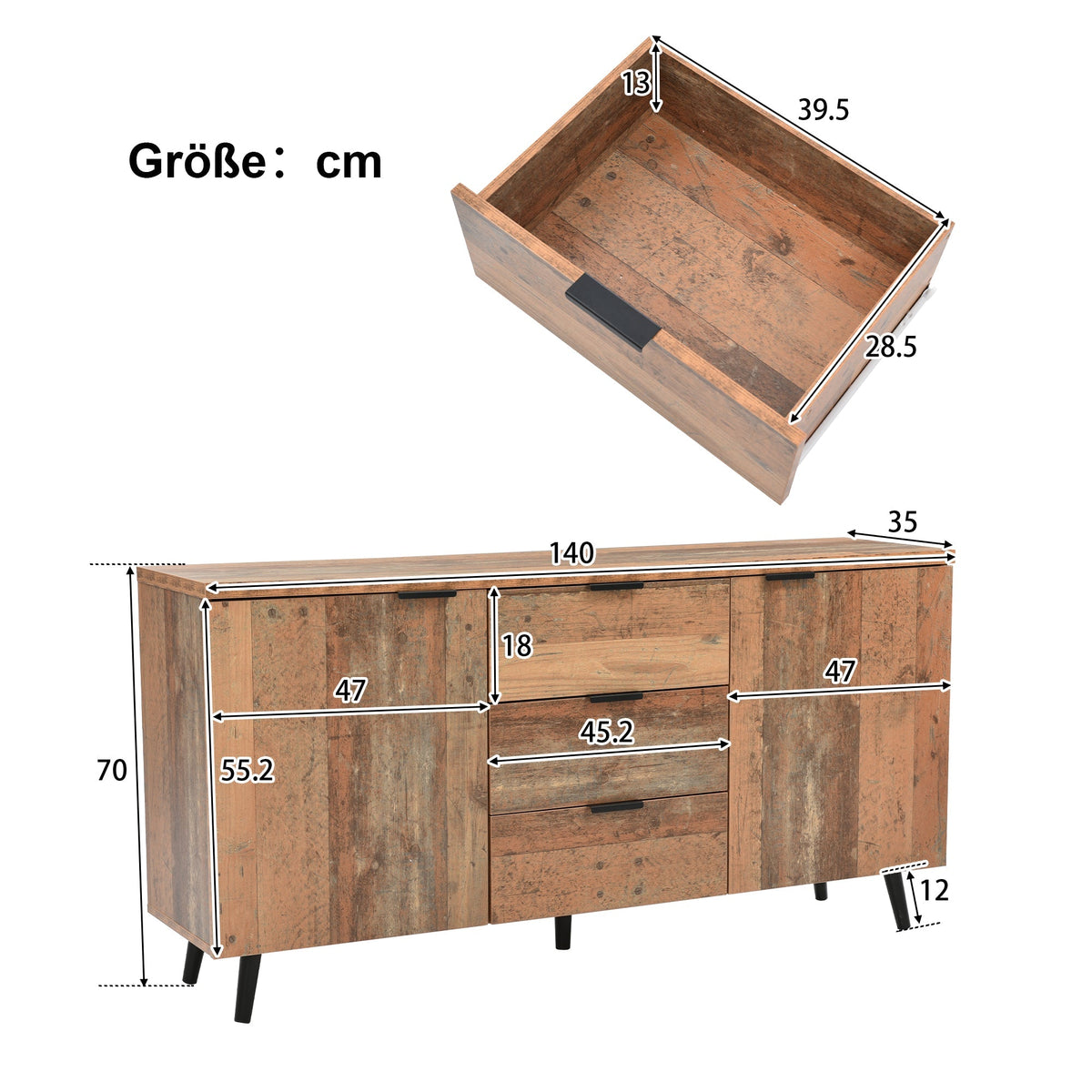 Sideboard TV Cabinet, Adjustable Shelves Storage, Vintage Brown