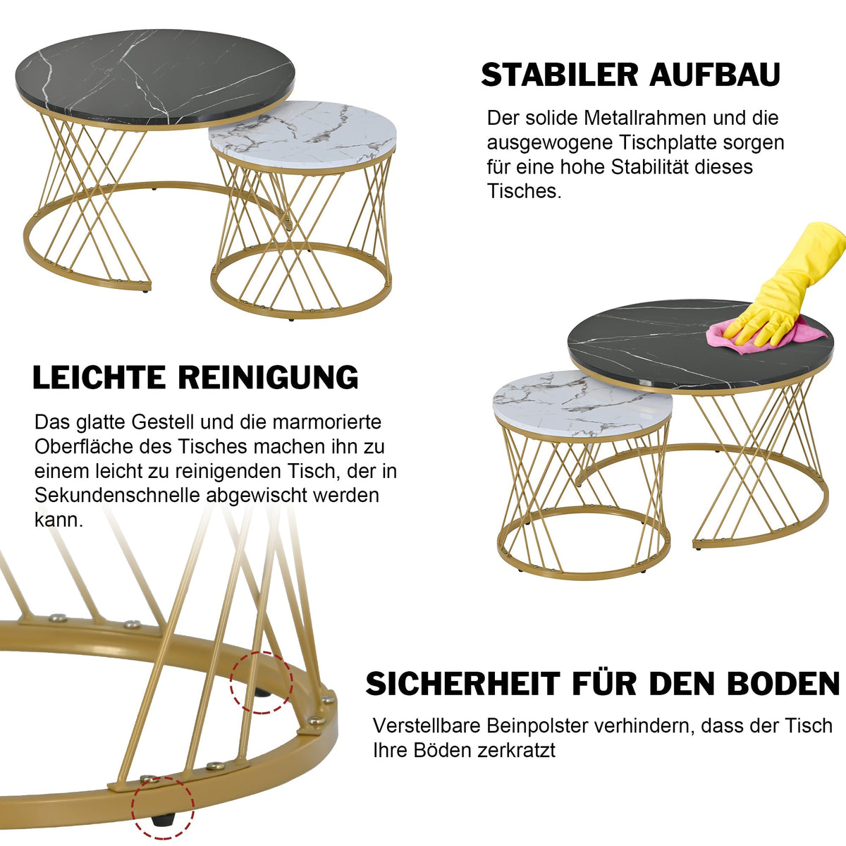Modern Nesting Coffee Table, Set of 2 Round End Tables, Marble Veneer and Gold