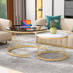 Modern Nesting Coffee Table, Set of 2 Round End Tables, Marble Veneer and Gold