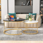 Modern Nesting Coffee Table, Set of 2 Round End Tables, Marble Veneer and Gold