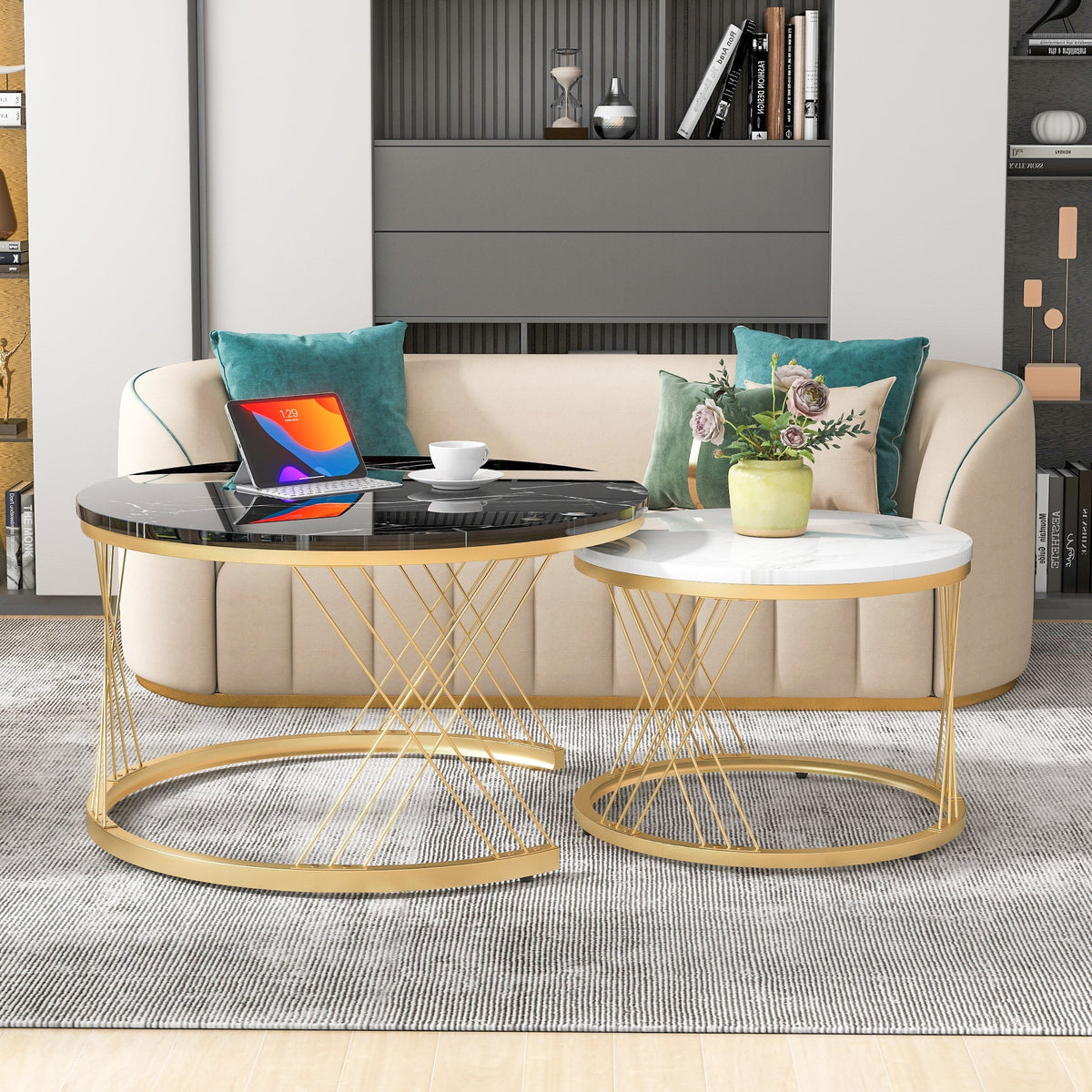 Modern Nesting Coffee Table, Set of 2 Round End Tables, Marble Veneer and Gold