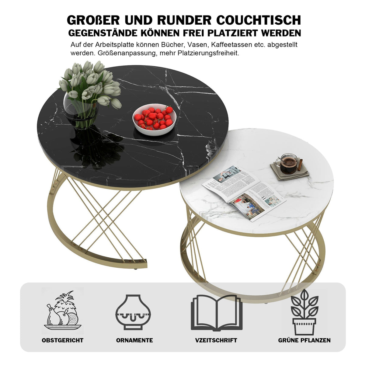 Modern Nesting Coffee Table, Set of 2 Round End Tables, Marble Veneer and Gold