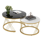 Modern Nesting Coffee Table, Set of 2 Round End Tables, Marble Veneer and Gold