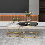 Modern Nesting Coffee Table, Set of 2 Round End Tables, Marble Veneer and Gold