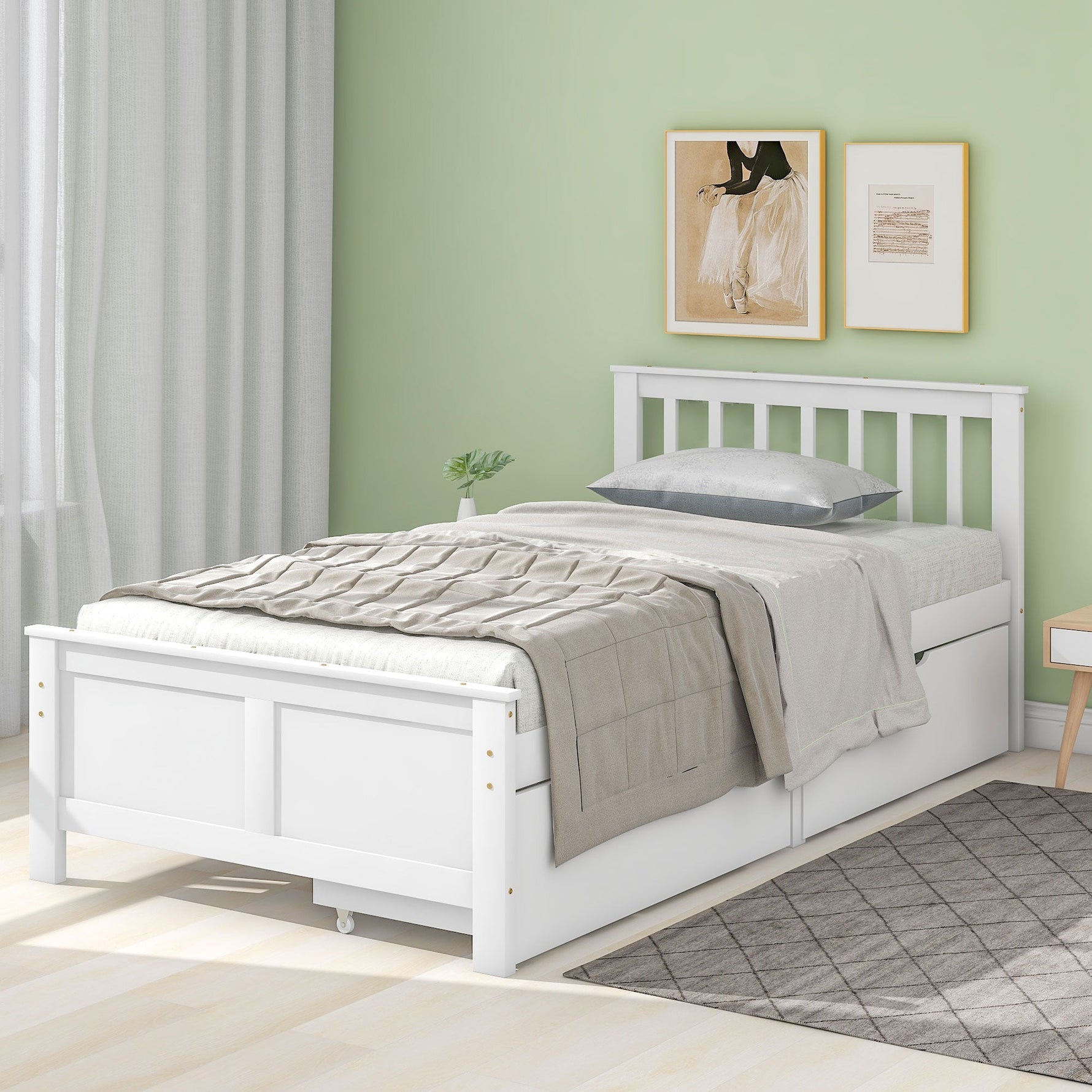 Wooden Bed, Single Adult Youth with Storage Drawers, Pine Wood, White